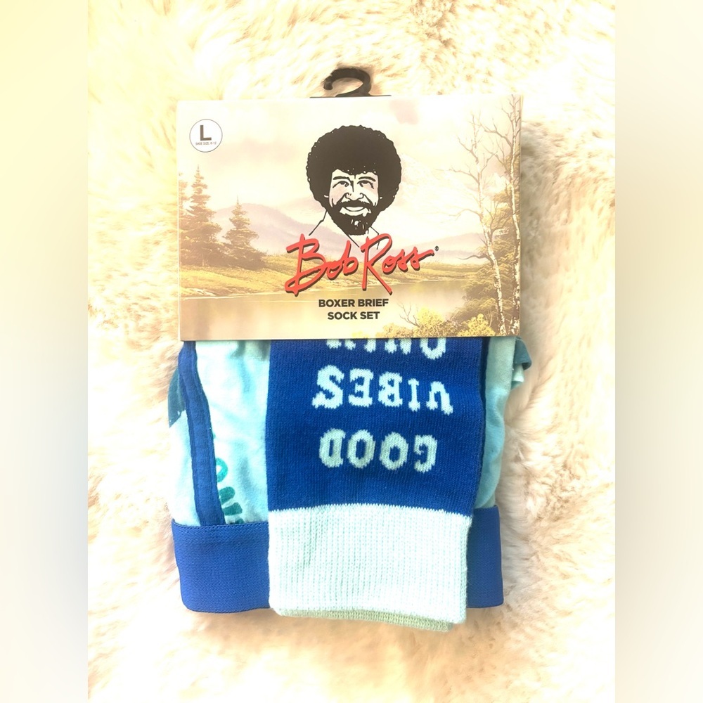 Bob Ross | “Good Vibes Only” Blue Retro Boxer Brief & Crew Sock Set Nwt | Large